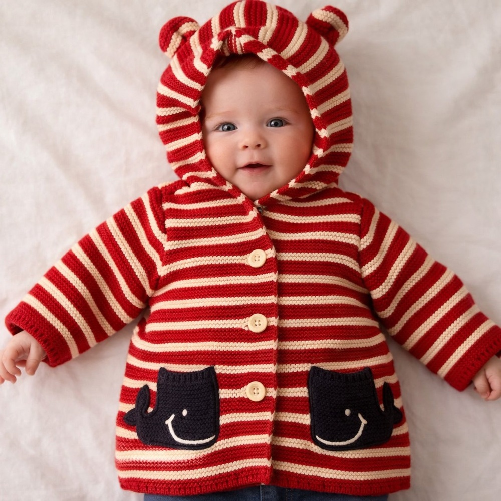 Baby Gap Whale Cotton Sweater Red White Stripe Whale Pockets 3-6 Months Cardigan
